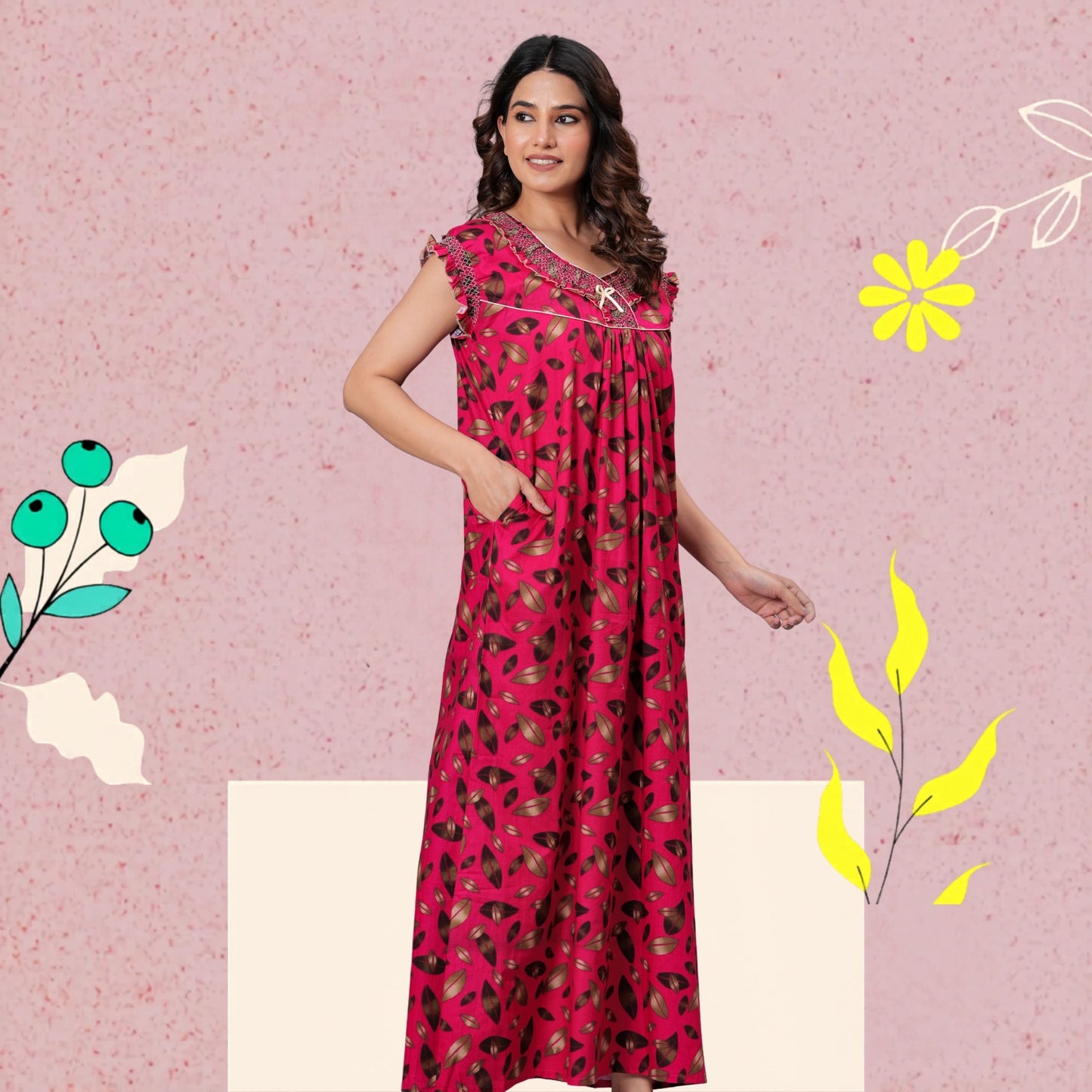 HARGUN NIGHT WEAR Women's Elegant Cotton Nightgown with Pocket & Embroidered Neck Design (Raani Pink, Free Size)