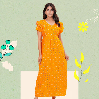 Frock Style Cotton Nightgown for Women (Yellow, XL)
