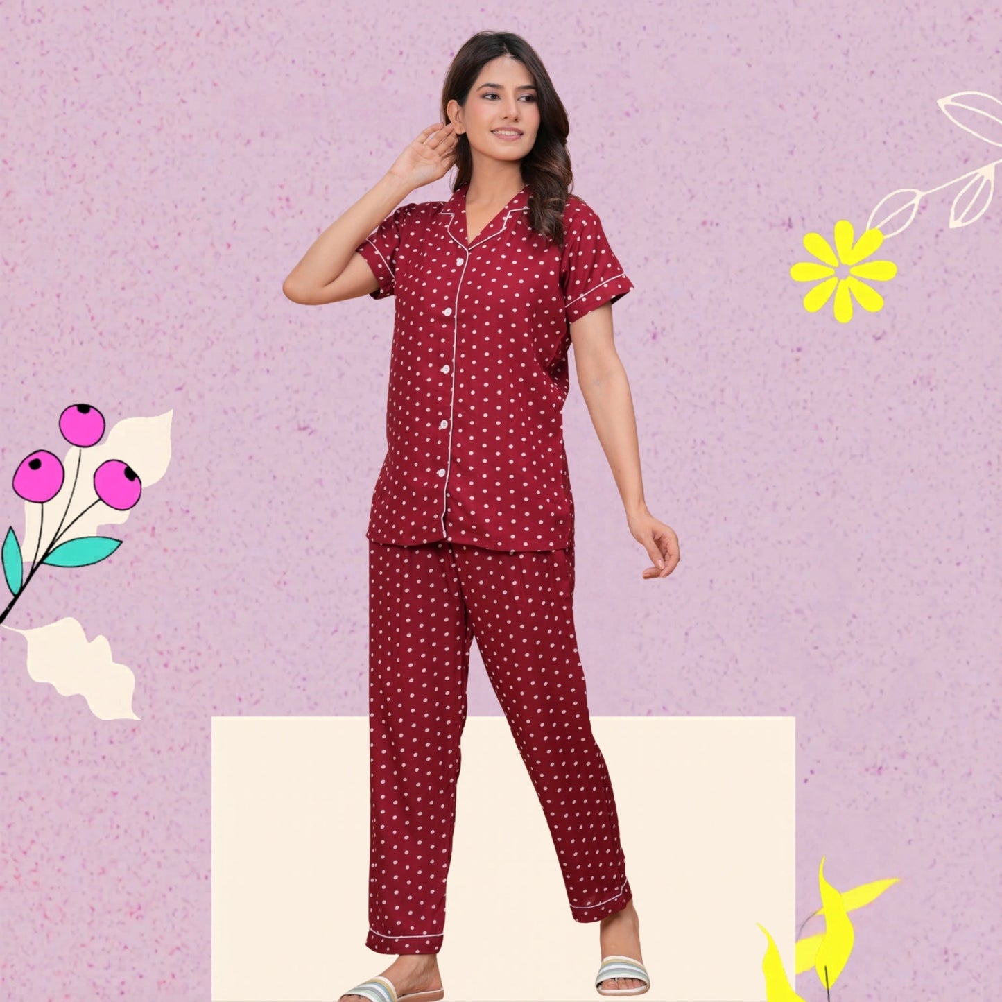 Rayon Polka Dot Night Suit Set