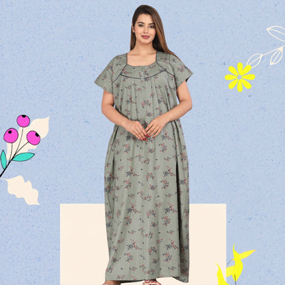 Women Cotton Floral Print Short Sleeve Nightgown With Side Pocket,(Free Size, Cardamom Grey)