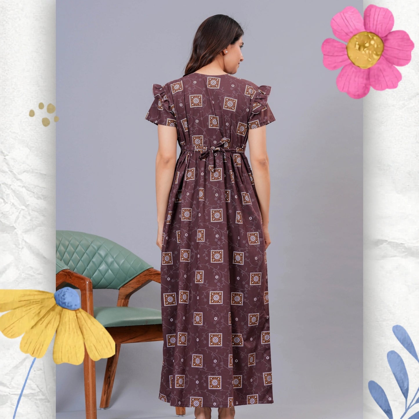 HARGUN NIGHT WEAR Women's Cotton Maxi Nighty, Printed, Ruffle Sleeves, Round Neck, All Day Comfort (Brown, XL)