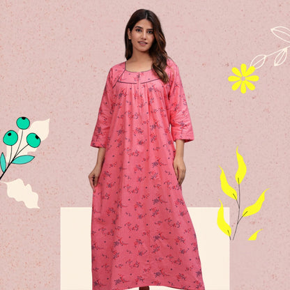 Cotton Full Sleeves Nightgown for Women(Baby Pink, XL)