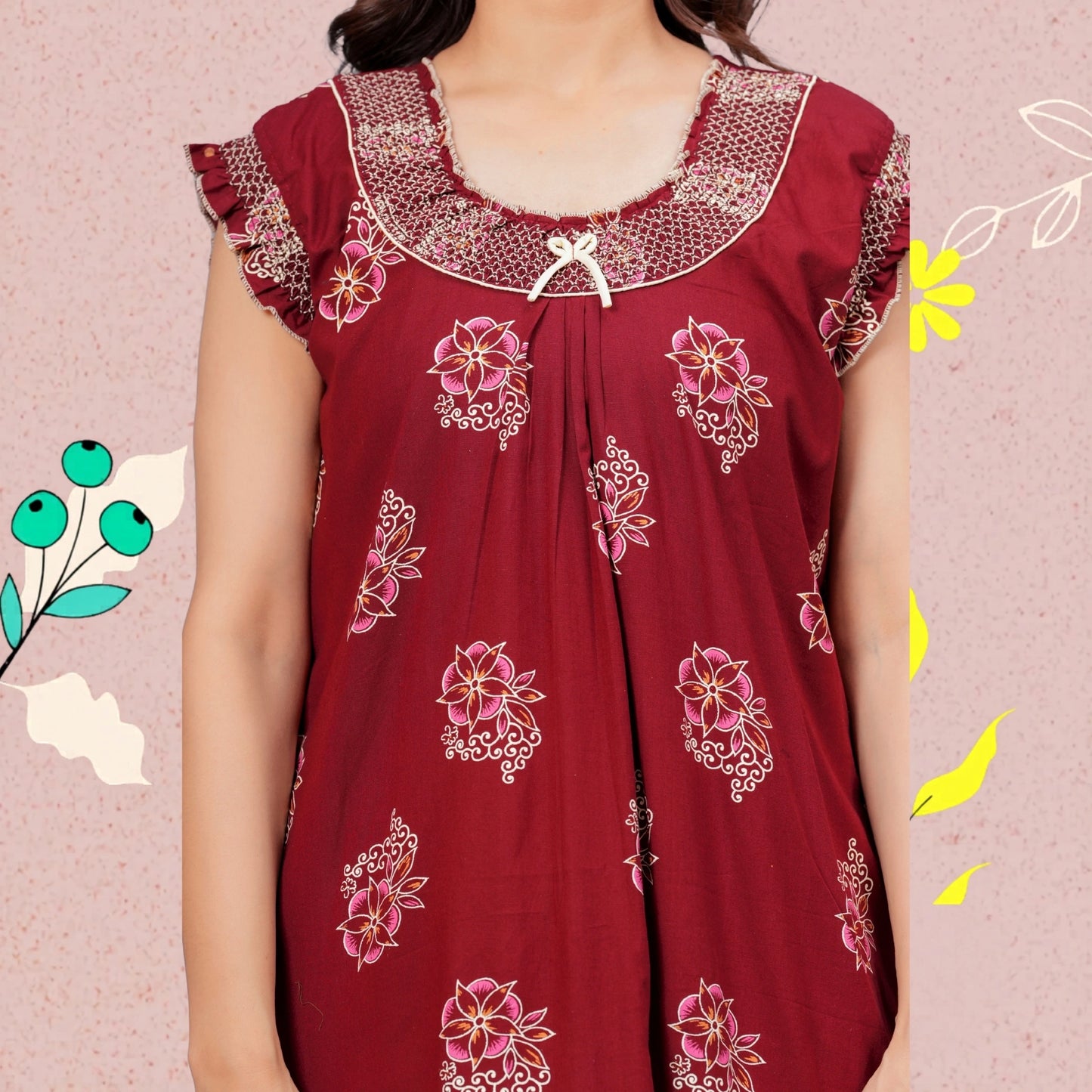HARGUN NIGHT WEAR Cotton Nightgown for Women | Stylish Nighty Maxi Nightwear Floral Gown for Women Night Wear with Pocket (Maroon, XL)