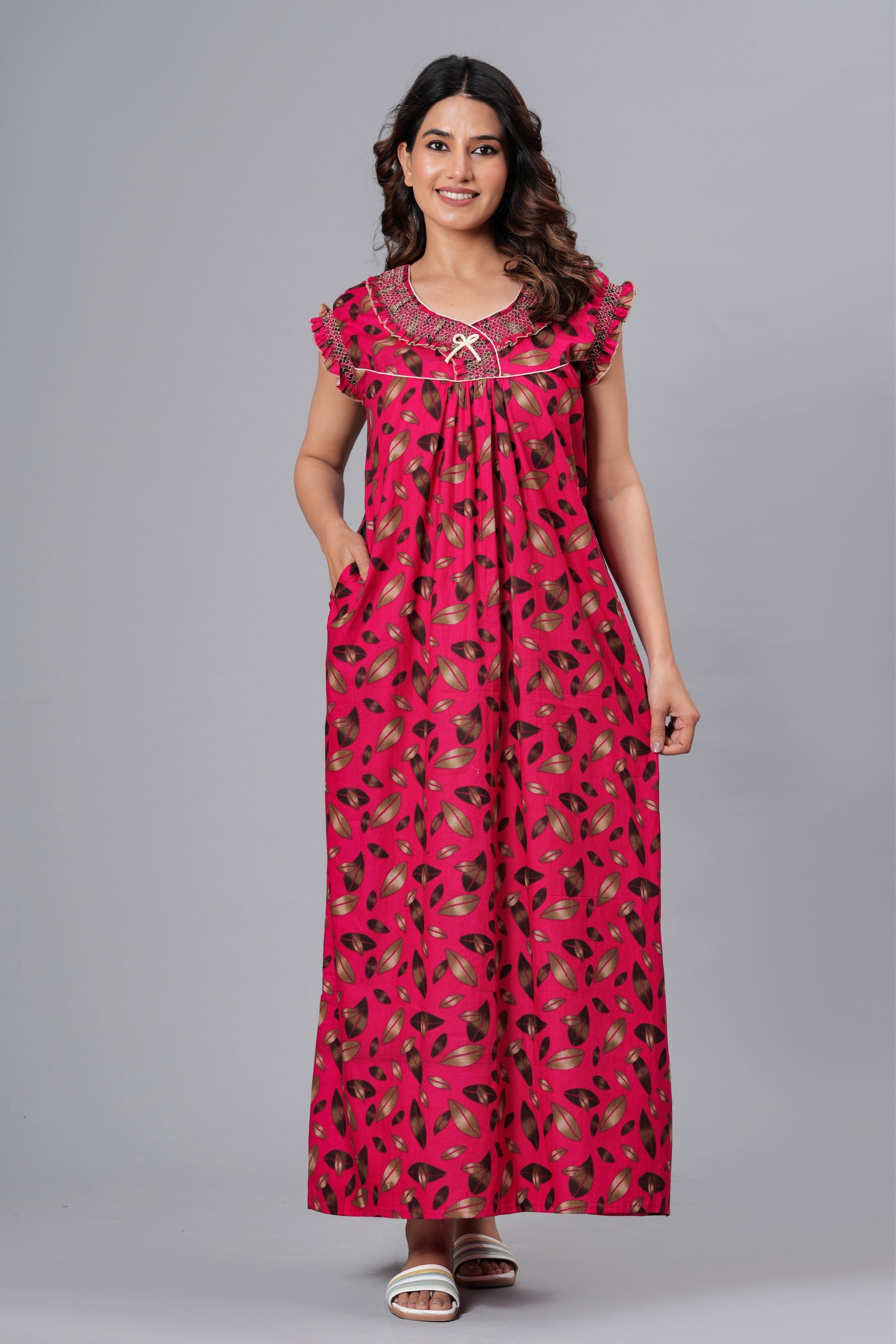 HARGUN Cotton Nightgown, Floral Print, Short Flutter Sleeves, Navy Blue and Gold, Full Length with Pockets (Combo, Free Size)