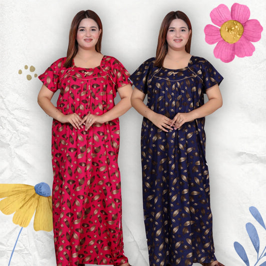 Short Sleeves Nightgown for Women, Cotton, Full Length,  (XL, Navy Blue, Dark Pink)