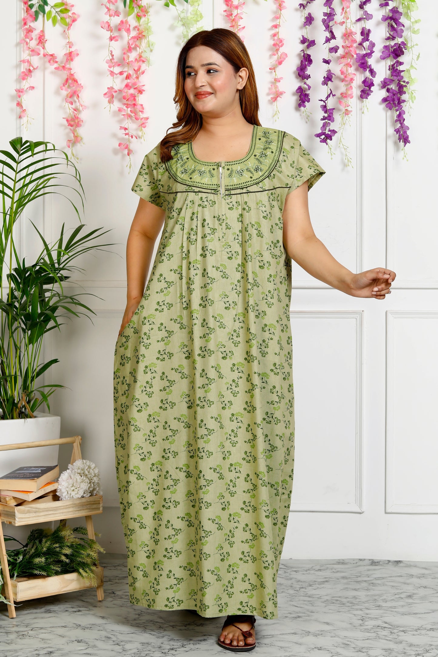 Floral Print Embroidery Nighty for Women(Kelly Green)