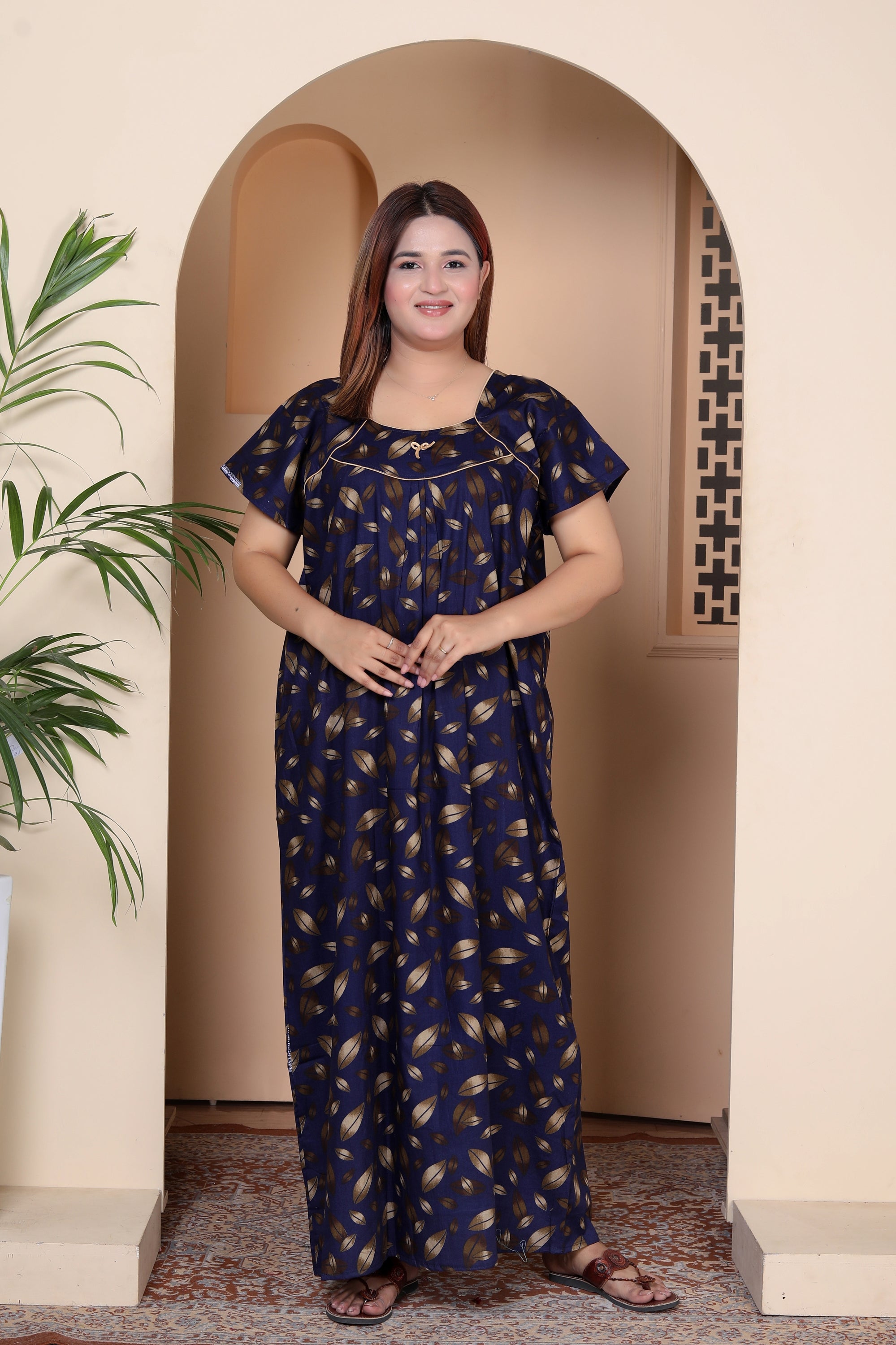 Short Sleeves Nightgown for Women, Cotton, Full Length,  (XL, Navy Blue, Dark Pink)