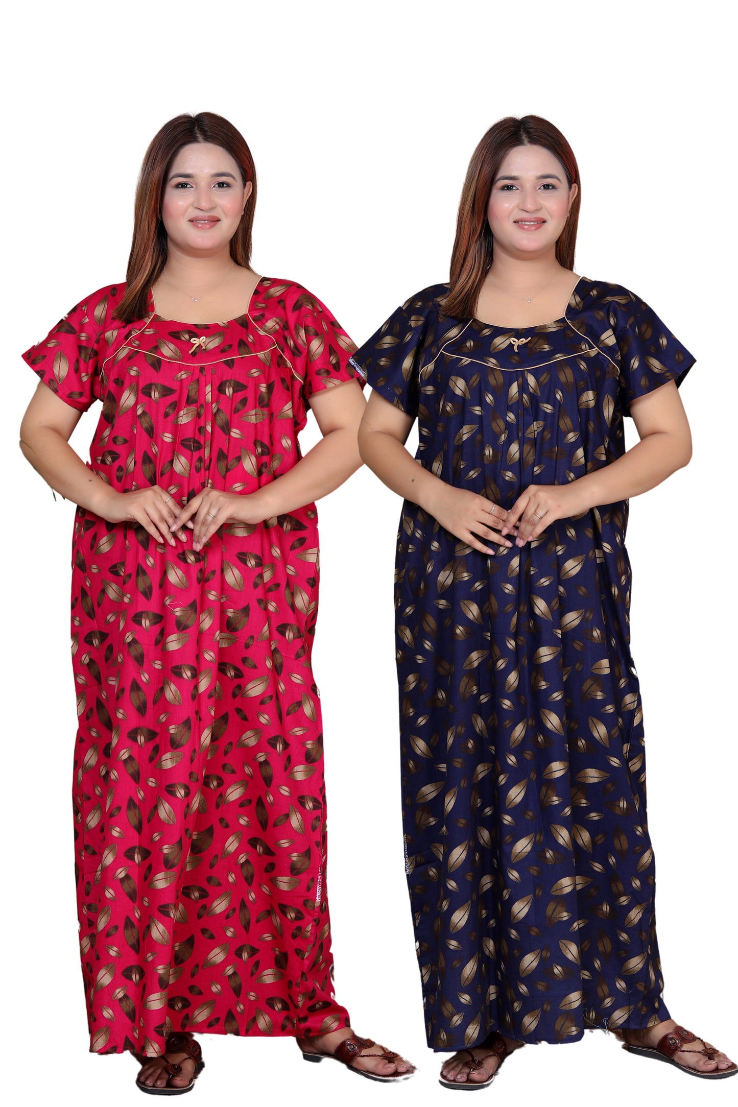 Short Sleeves Nightgown for Women, Cotton, Full Length,  (XL, Navy Blue, Dark Pink)