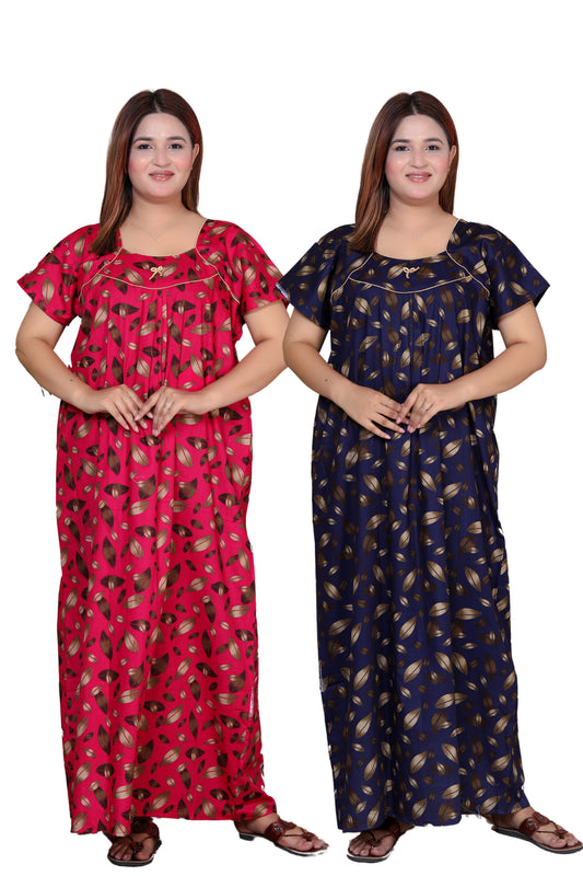 Short Sleeves Nightgown for Women, Cotton, Full Length,  (XL, Navy Blue, Dark Pink)