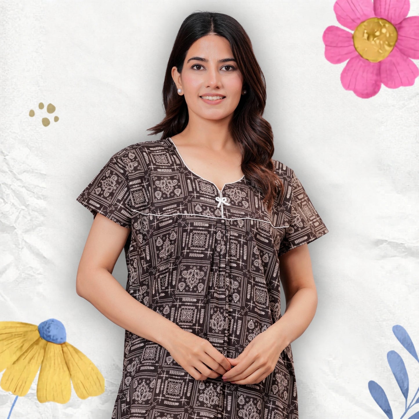 Women's Cotton Maxi Nighty, Geometric Print, Short Sleeve, Full Length Night Dress (Brown, XL)