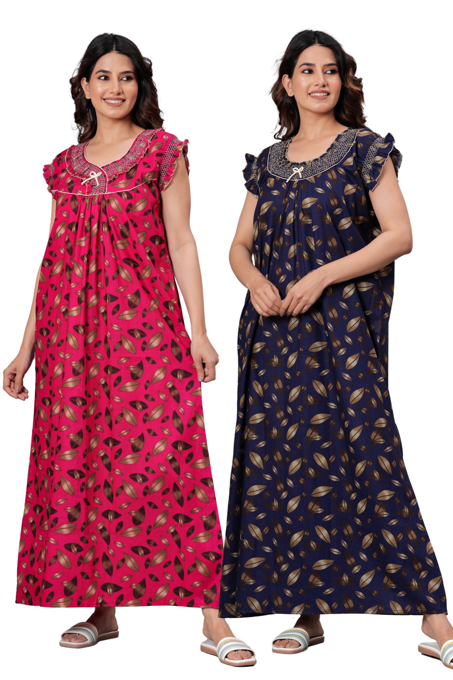 HARGUN Cotton Nightgown, Floral Print, Short Flutter Sleeves, Navy Blue and Gold, Full Length with Pockets (Combo, Free Size)