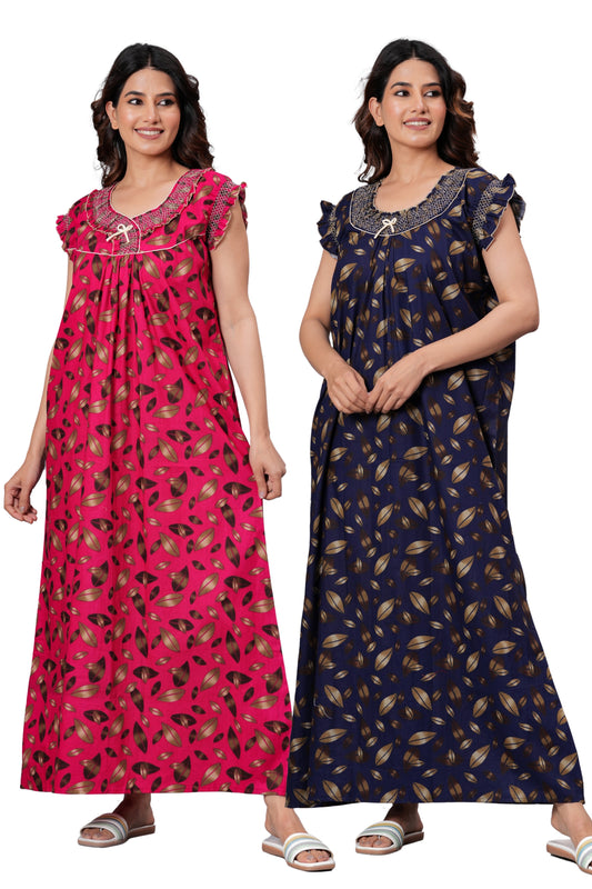 HARGUN Cotton Nightgown, Floral Print, Short Flutter Sleeves, Navy Blue and Gold, Full Length with Pockets (Combo, Free Size)