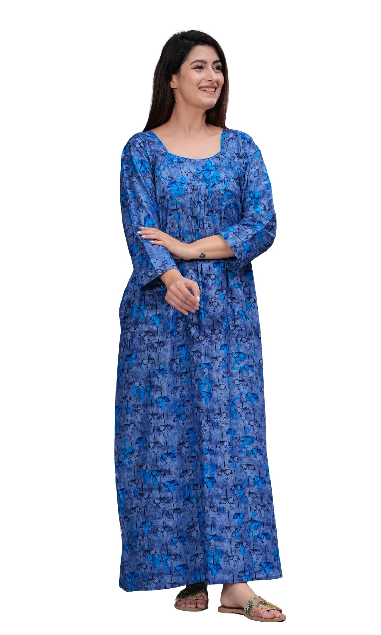 Women's Cotton Floral Print Full Sleeve Maxi Nightgown (Blue ,XL)