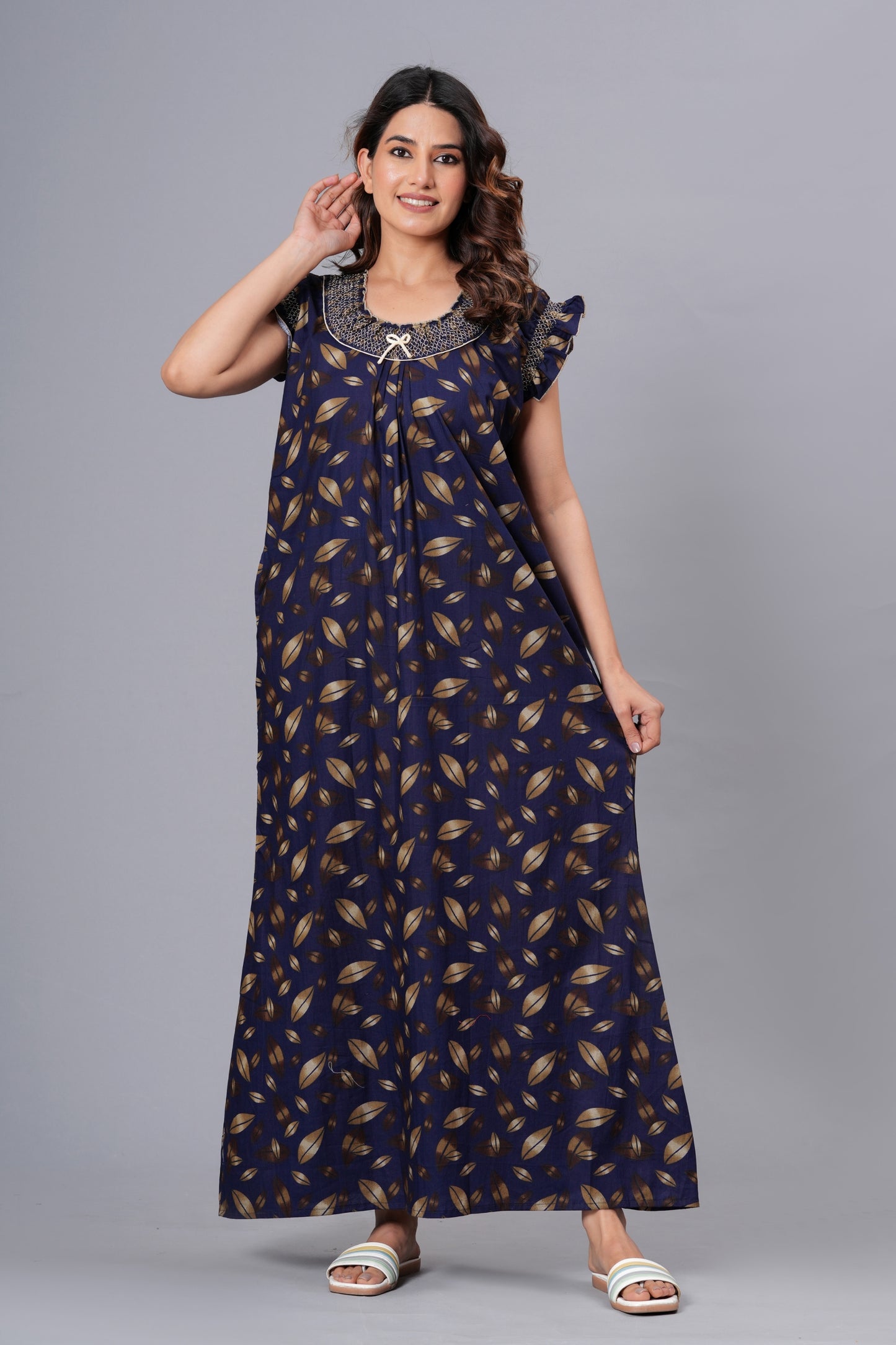 HARGUN Cotton Nightgown, Floral Print, Short Flutter Sleeves, Navy Blue and Gold, Full Length with Pockets (Combo, Free Size)