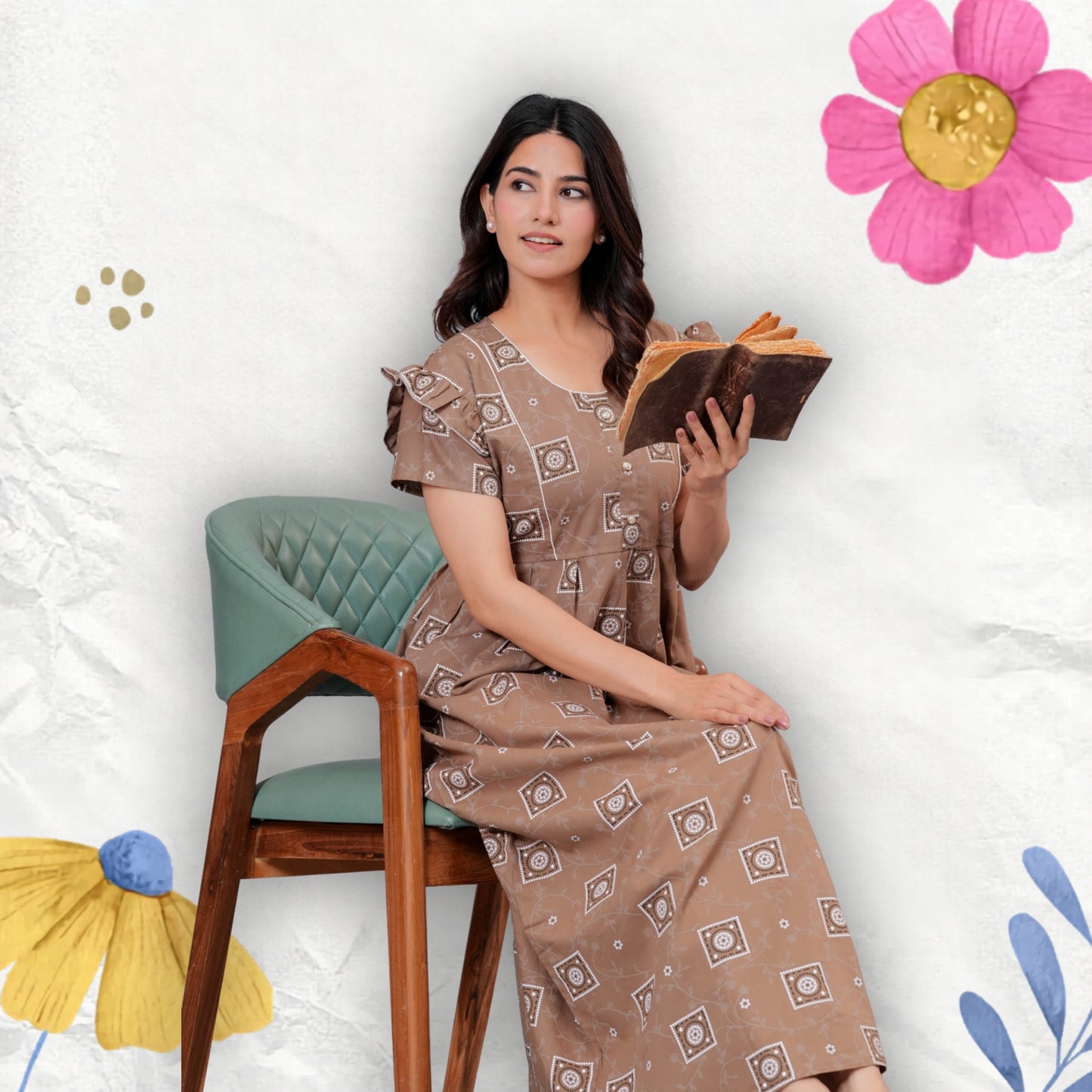 HARGUN NIGHT WEAR Women's Cotton Maxi Nighty, Printed, Ruffle Sleeves, Round Neck, All Day Comfort (Beige, XL)