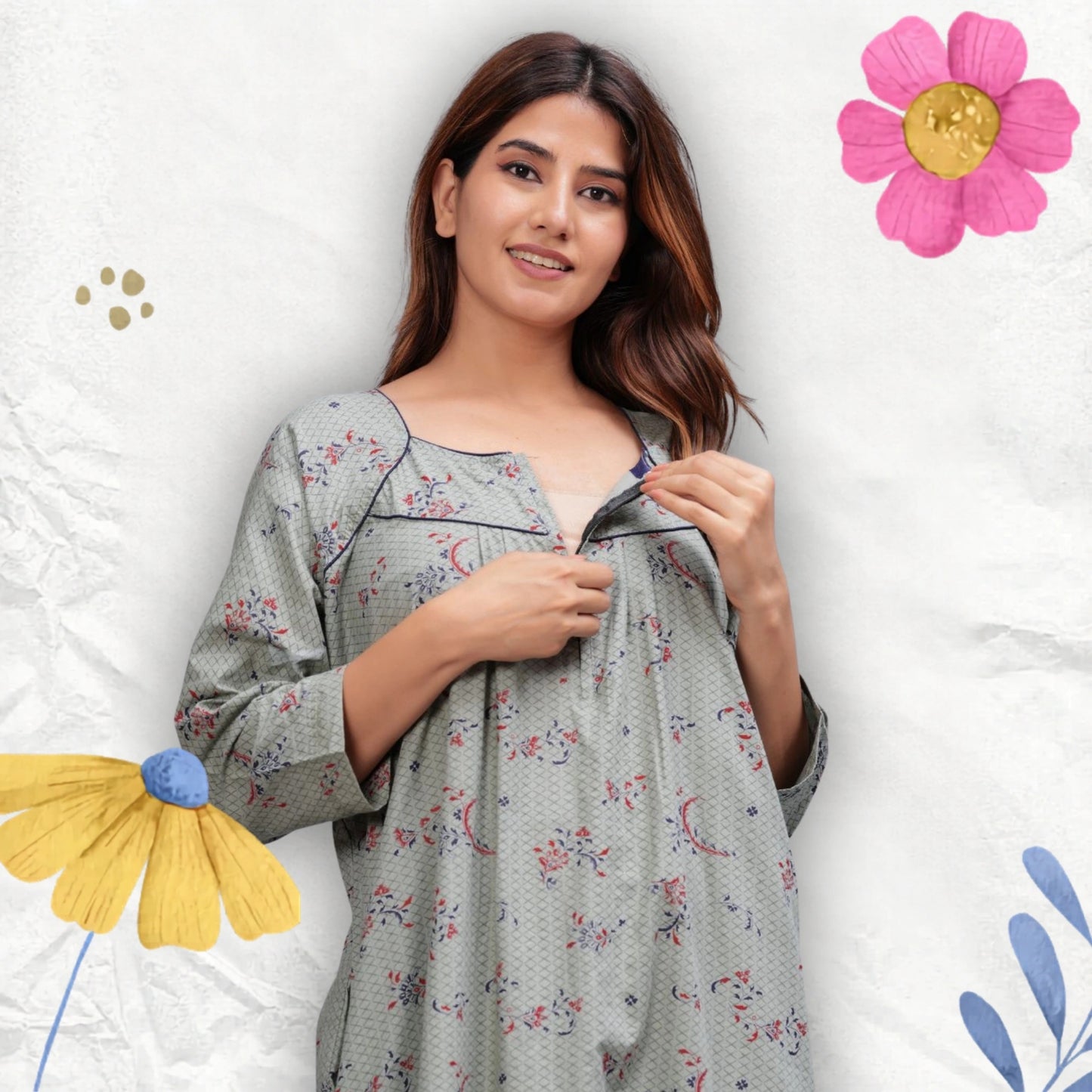 Cotton Full Sleeves Nightgown for Women (Cardamom Grey, XL)
