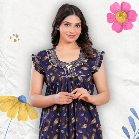 HARGUN NIGHT WEAR Women's Elegant Cotton Nightgown with Pocket & Embroidered Neck Design (Navy Blue, Free Size)