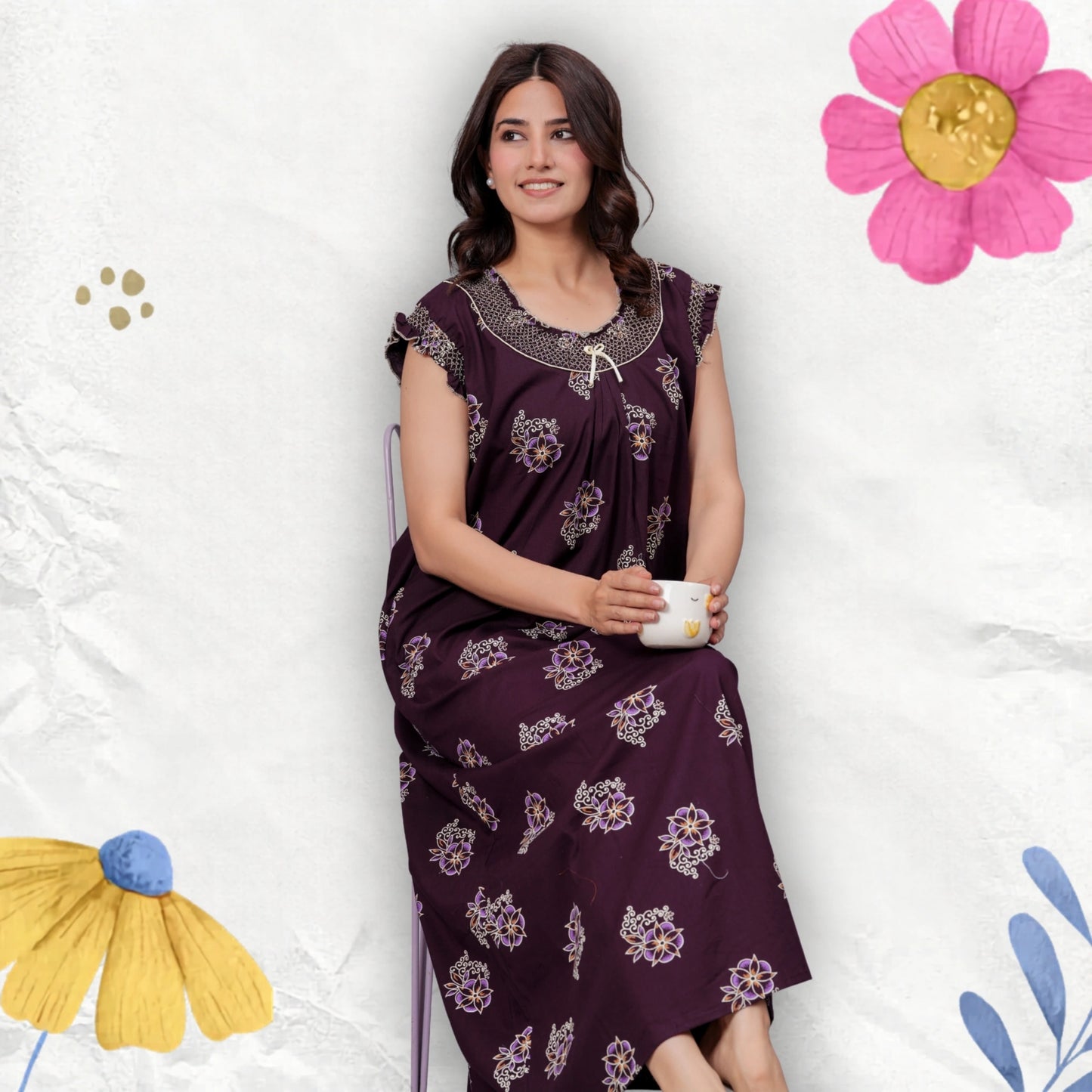 HARGUN NIGHT WEAR Cotton Nightgown for Women | Stylish Nighty Maxi Nightwear Floral Gown for Women Night Wear with Pocket (Purple, XL)