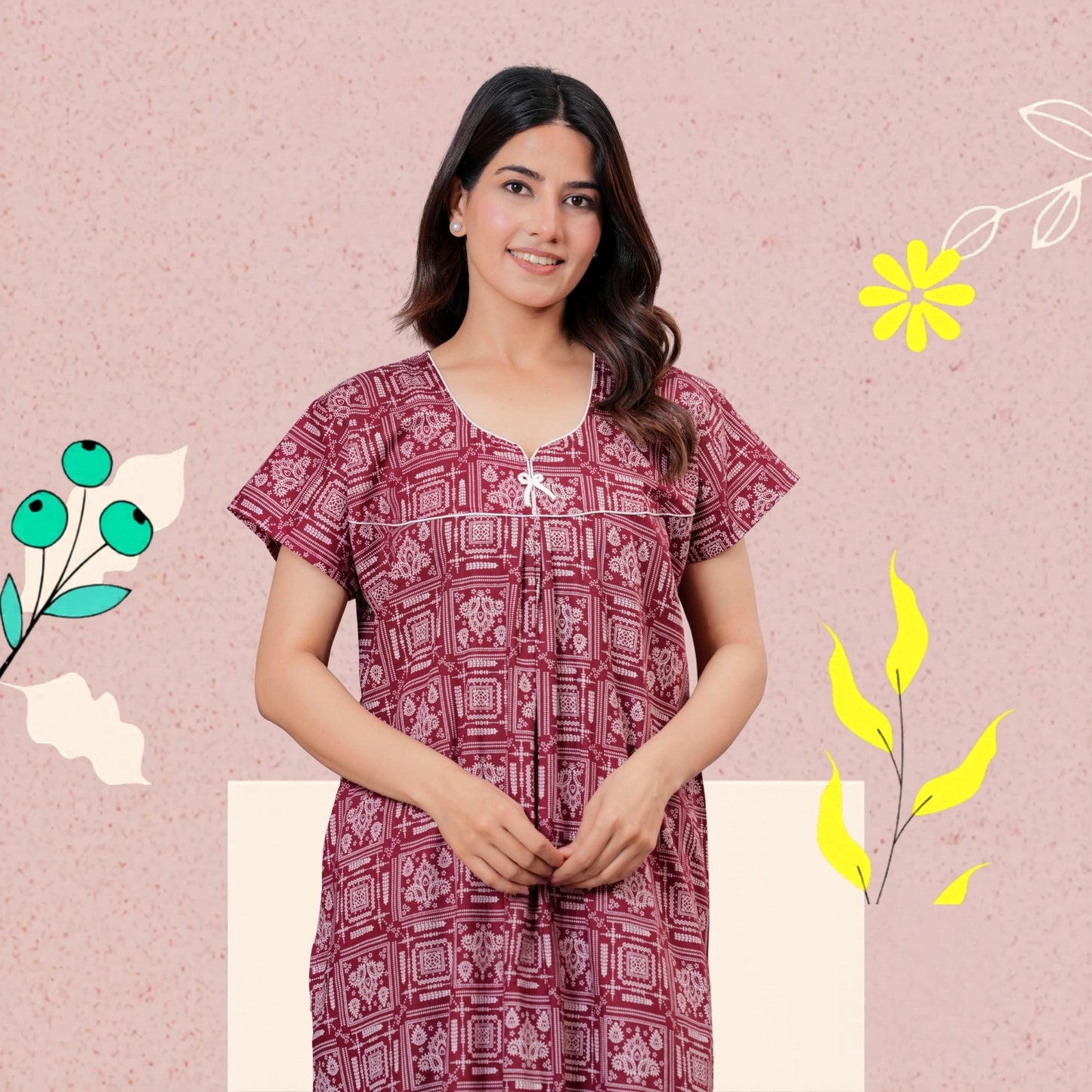 Women's Cotton Maxi Nighty, Geometric Print, Short Sleeve, Full Length Night Dress (MEGENTA, XL)