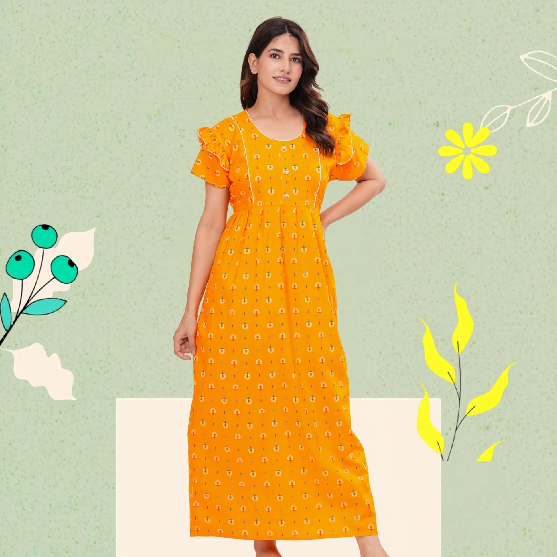 Frock Style Cotton Nightgown for Women (Yellow, XL) - HARGUN NIGHT WEAR   Hargun Nightwear