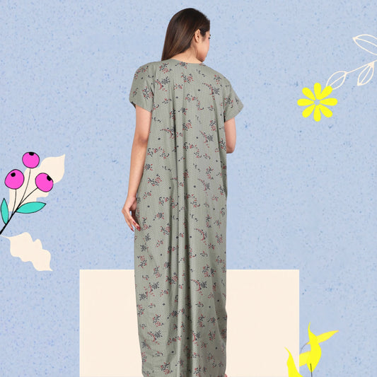 Women Cotton Floral Print Short Sleeve Nightgown With Side Pocket,(Free Size, Cardamom Grey)