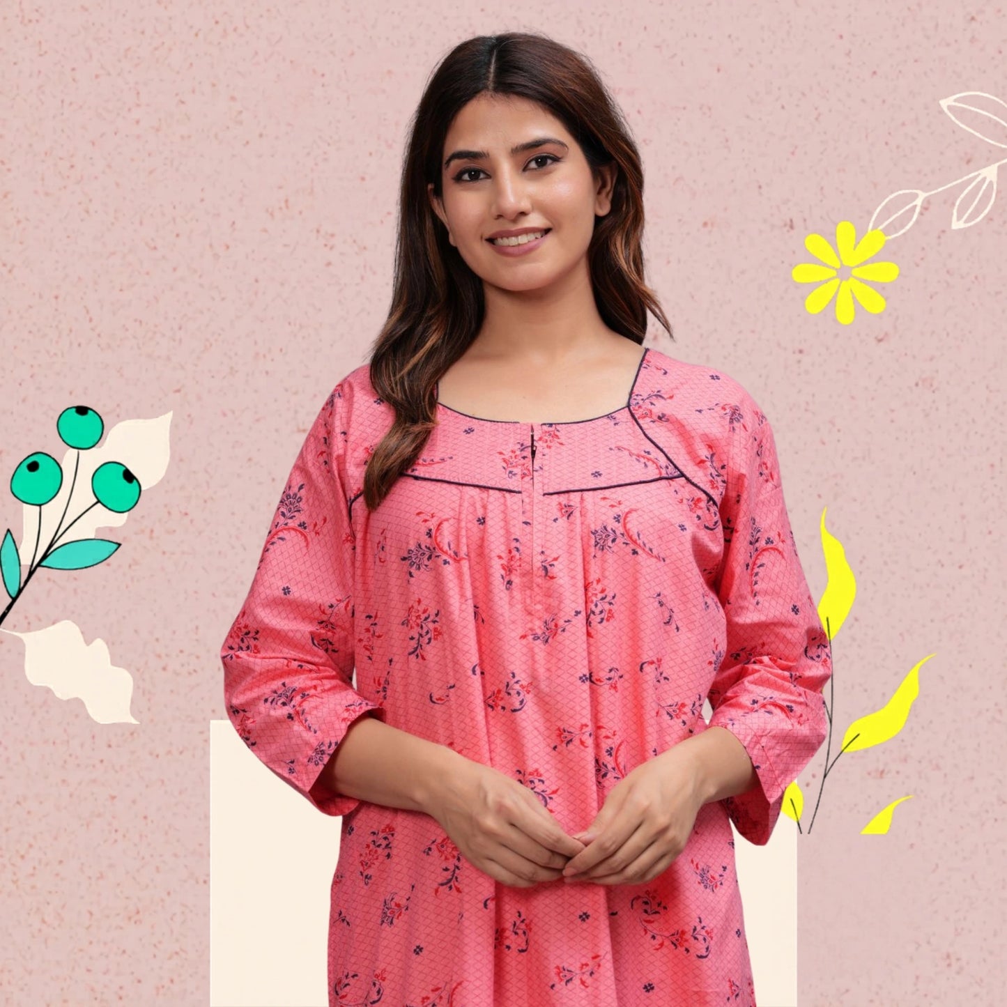 Cotton Full Sleeves Nightgown for Women(Baby Pink, XL)