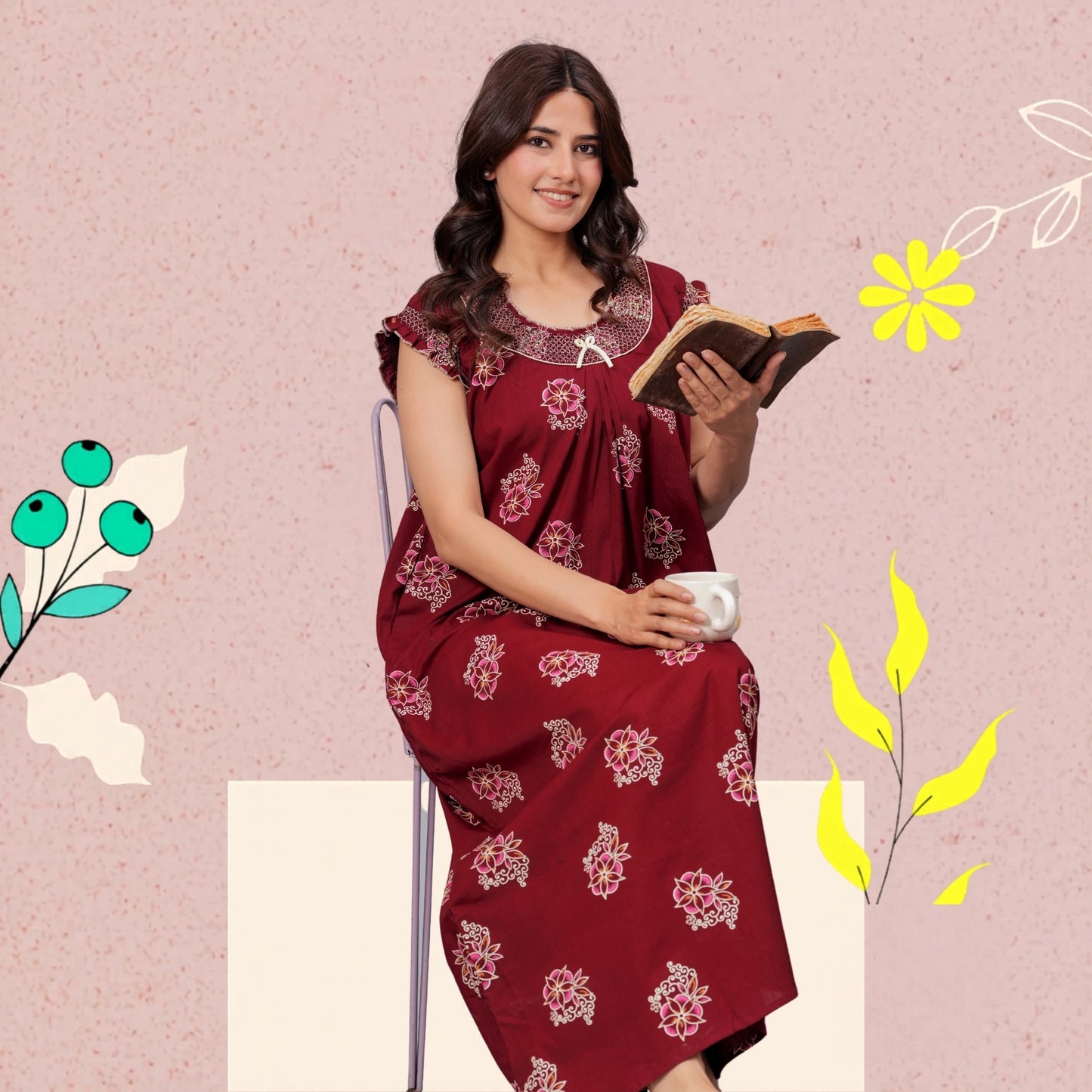 HARGUN NIGHT WEAR Cotton Nightgown for Women | Stylish Nighty Maxi Nightwear Floral Gown for Women Night Wear with Pocket (Maroon, XL)