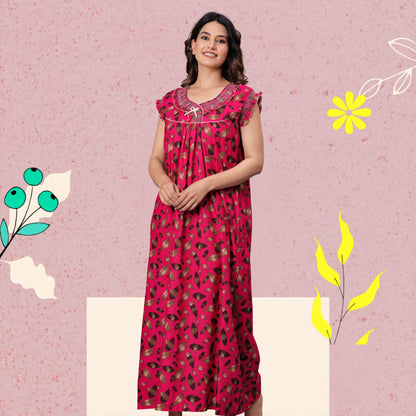 HARGUN NIGHT WEAR Women's Elegant Cotton Nightgown with Pocket & Embroidered Neck Design (Raani Pink, Free Size)