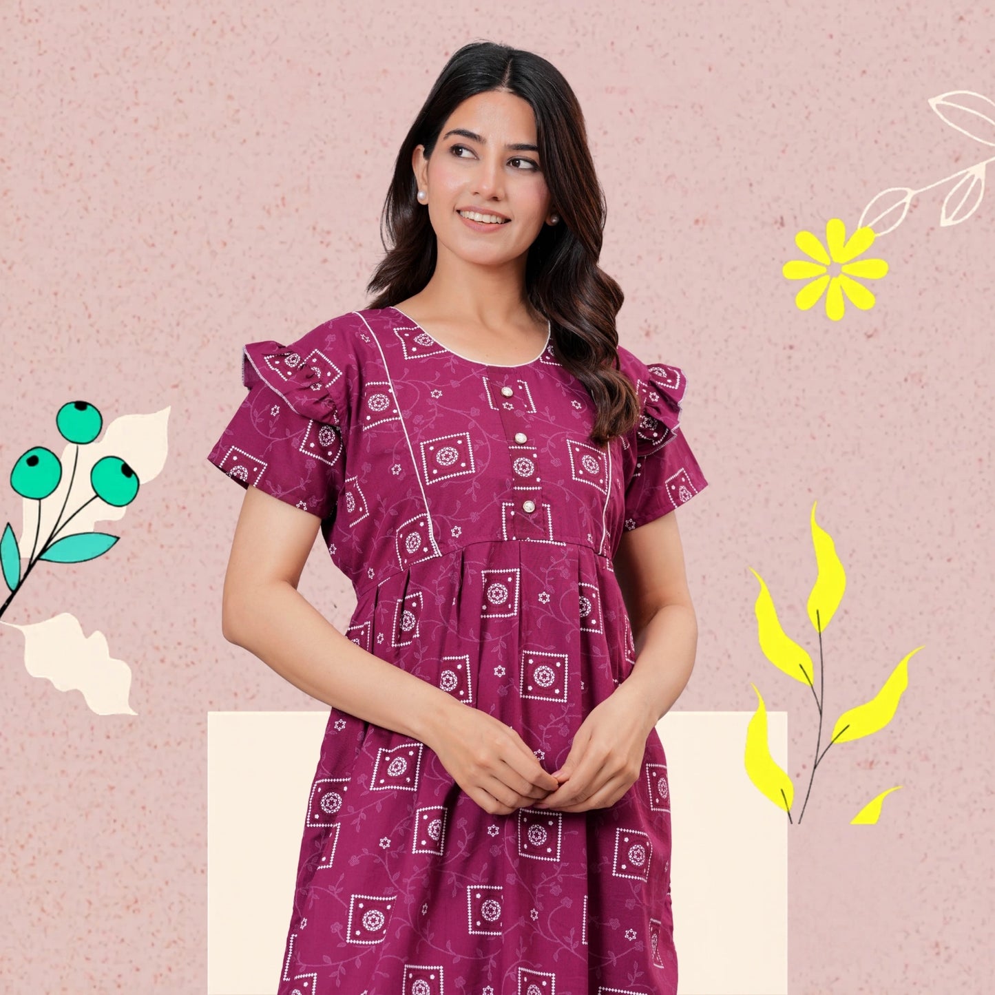 HARGUN NIGHT WEAR Women's Cotton Maxi Nighty, Printed, Ruffle Sleeves, Round Neck, All Day Comfort (MEGENTA, XL)
