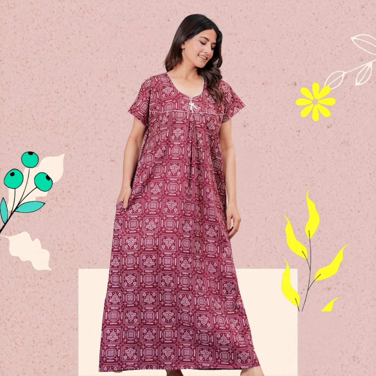 Women's Cotton Maxi Nighty, Geometric Print, Short Sleeve, Full Length Night Dress (MEGENTA, XL)
