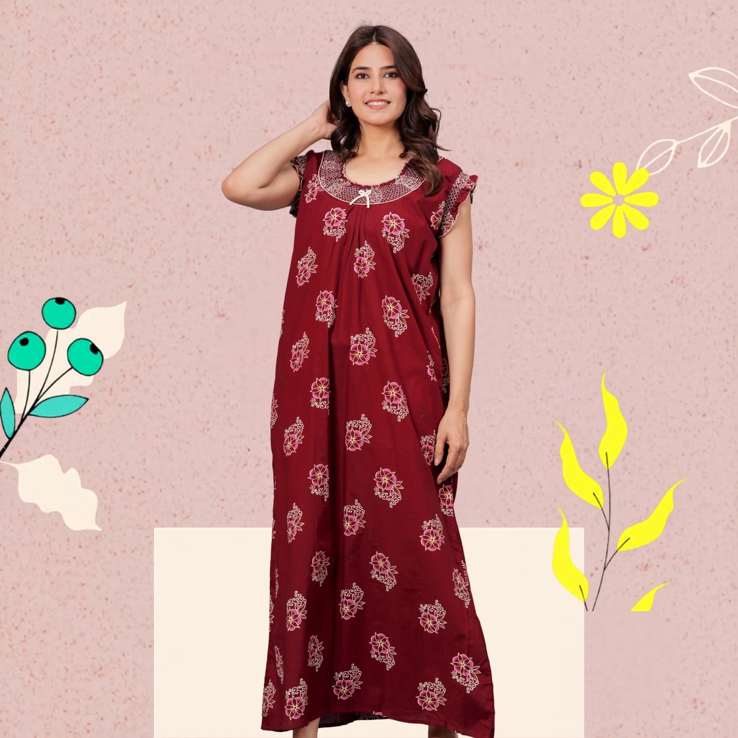 HARGUN NIGHT WEAR Cotton Nightgown for Women | Stylish Nighty Maxi Nightwear Floral Gown for Women Night Wear with Pocket (Maroon, XL)