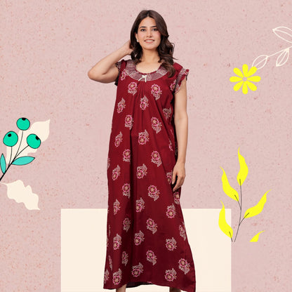 HARGUN NIGHT WEAR Cotton Nightgown for Women | Stylish Nighty Maxi Nightwear Floral Gown for Women Night Wear with Pocket (Maroon, XL)