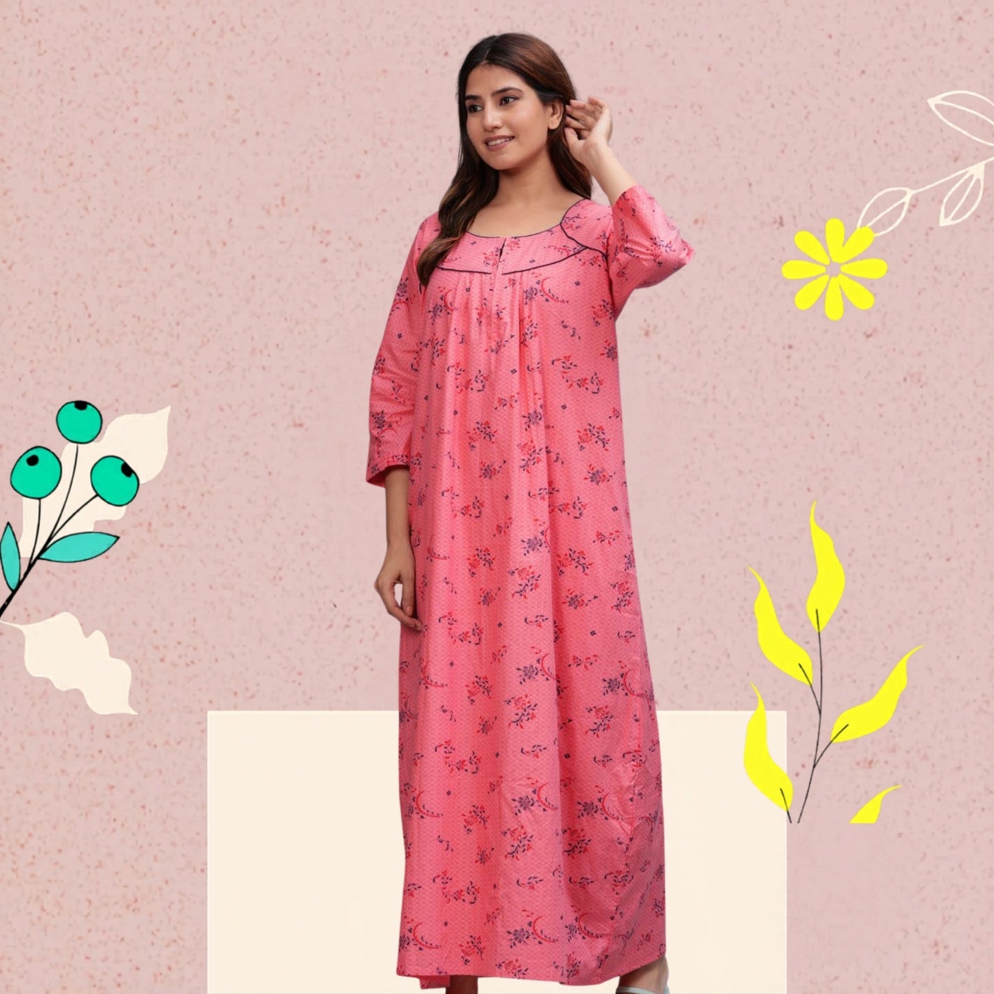 Cotton Full Sleeves Nightgown for Women(Baby Pink, XL)