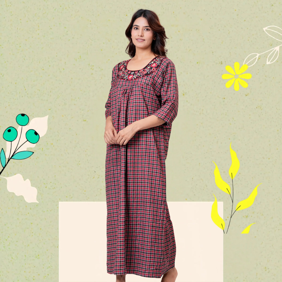 Woman wearing HARGUN brown cotswool winter nightgown with full sleeves.