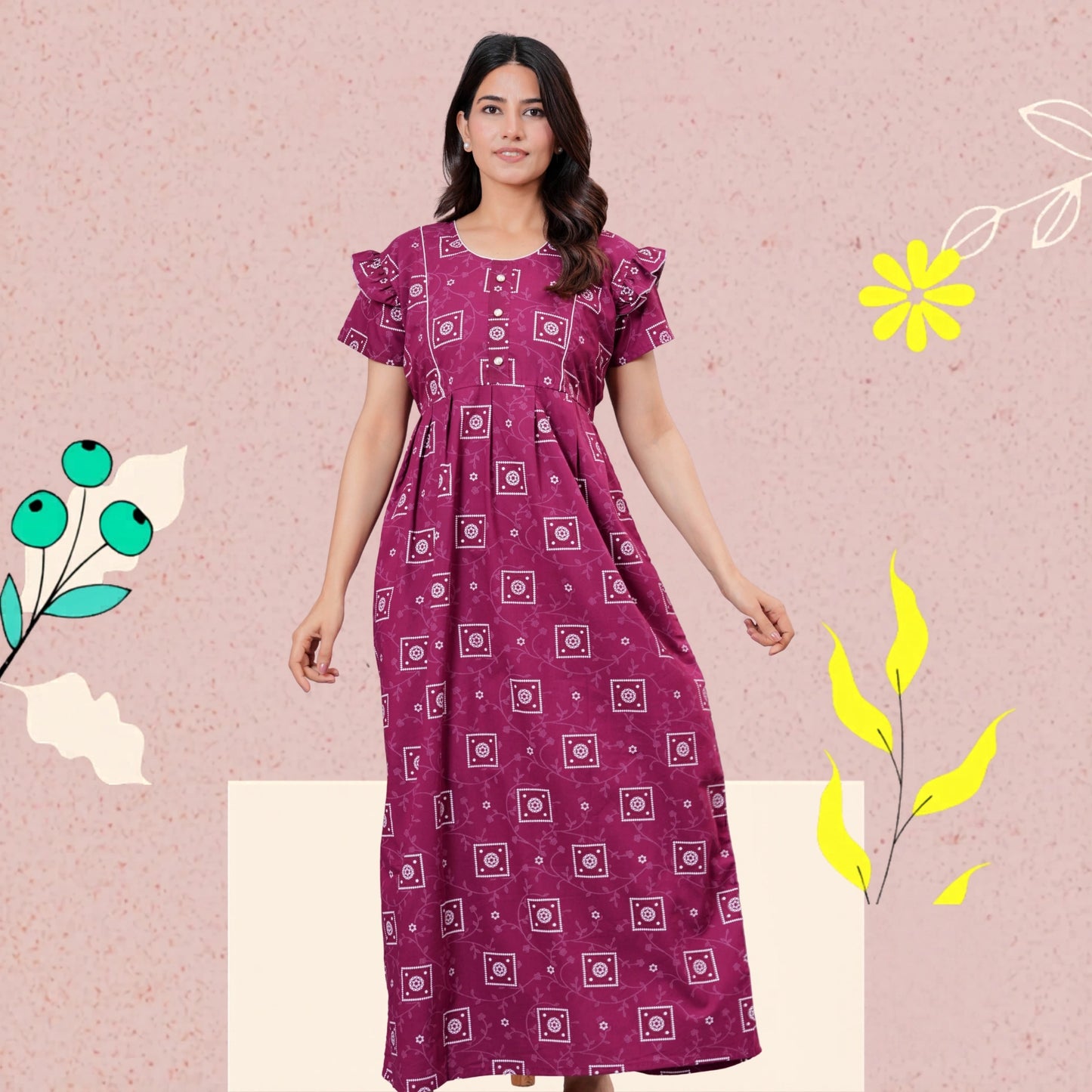 HARGUN NIGHT WEAR Women's Cotton Maxi Nighty, Printed, Ruffle Sleeves, Round Neck, All Day Comfort (MEGENTA, XL)