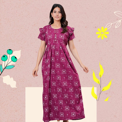 HARGUN NIGHT WEAR Women's Cotton Maxi Nighty, Printed, Ruffle Sleeves, Round Neck, All Day Comfort (MEGENTA, XL)