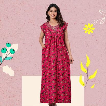 HARGUN NIGHT WEAR Women's Elegant Cotton Nightgown with Pocket & Embroidered Neck Design (Raani Pink, Free Size)