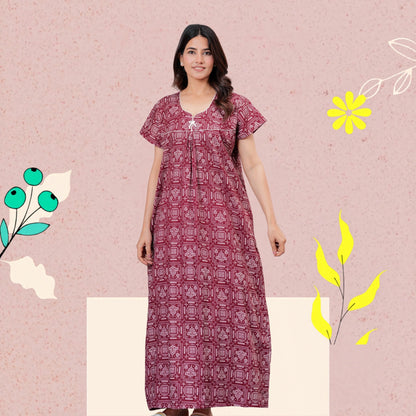 Women's Cotton Maxi Nighty, Geometric Print, Short Sleeve, Full Length Night Dress (MEGENTA, XL)