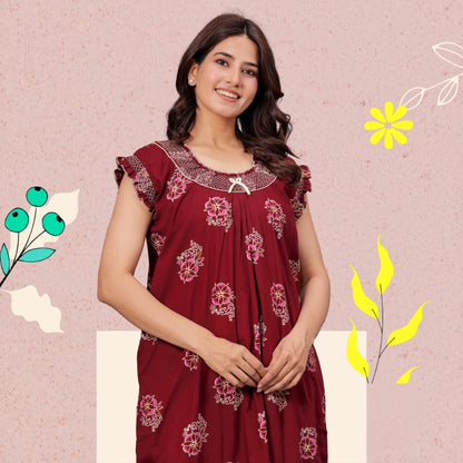 HARGUN NIGHT WEAR Cotton Nightgown for Women | Stylish Nighty Maxi Nightwear Floral Gown for Women Night Wear with Pocket (Maroon, XL)