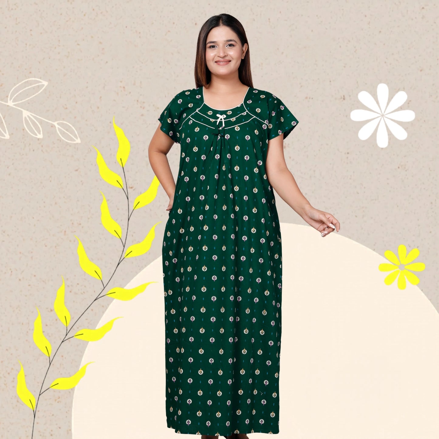 Women’s Pure Cotton Maxi Nighty – Soft Printed Night Dress for Daily Comfort (Green)