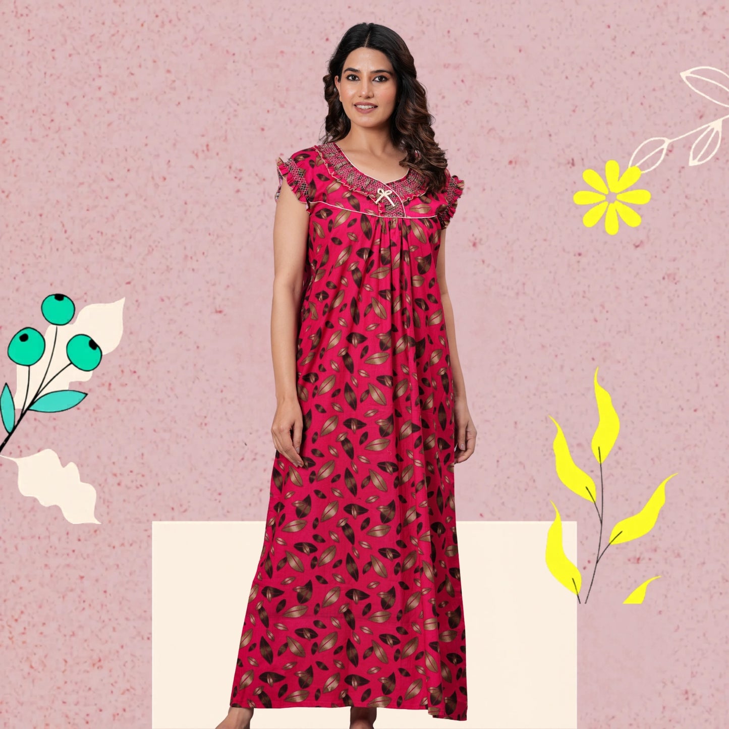 HARGUN NIGHT WEAR Women's Elegant Cotton Nightgown with Pocket & Embroidered Neck Design (Raani Pink, Free Size)
