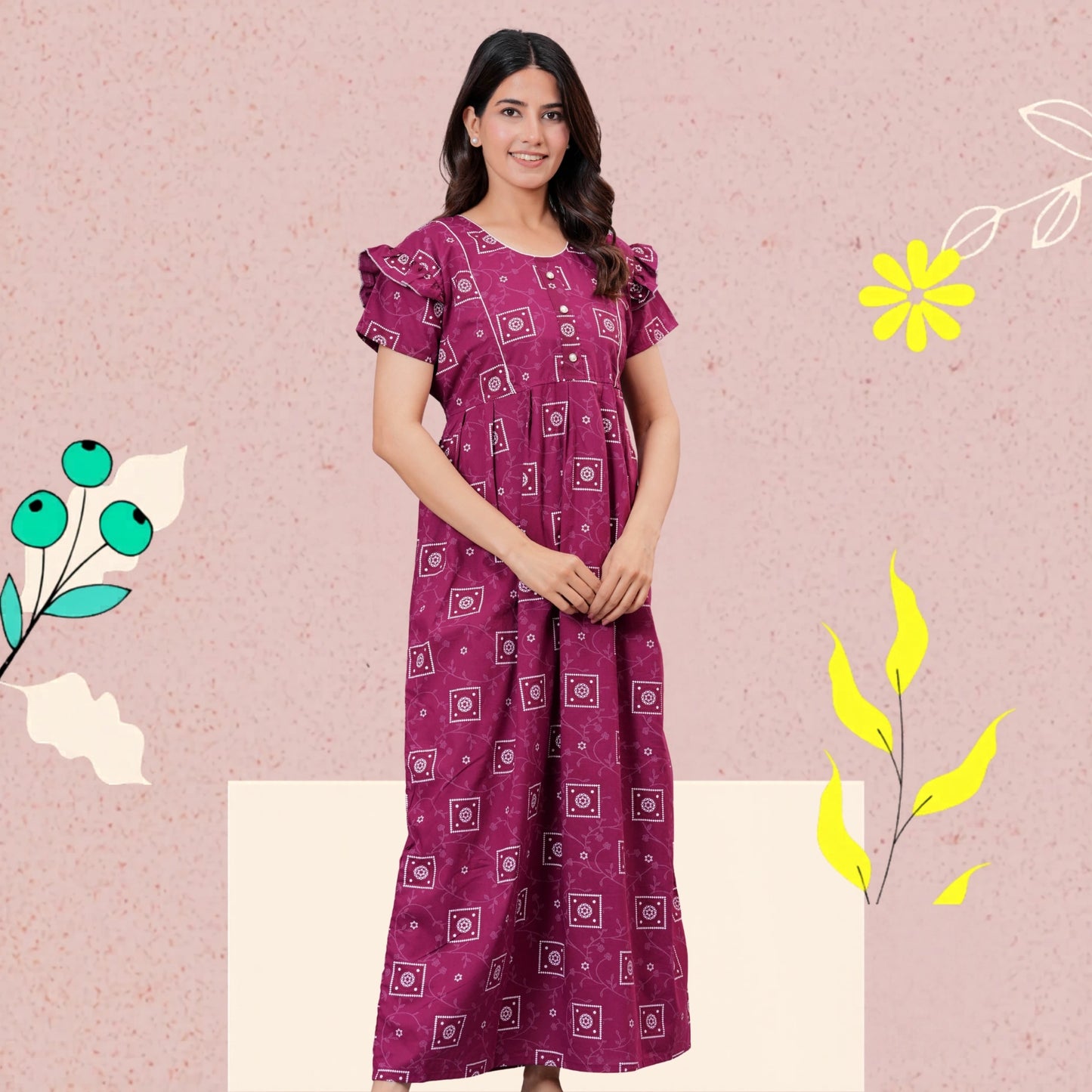 HARGUN NIGHT WEAR Women's Cotton Maxi Nighty, Printed, Ruffle Sleeves, Round Neck, All Day Comfort (MEGENTA, XL)