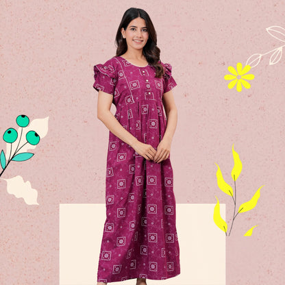 HARGUN NIGHT WEAR Women's Cotton Maxi Nighty, Printed, Ruffle Sleeves, Round Neck, All Day Comfort (MEGENTA, XL)