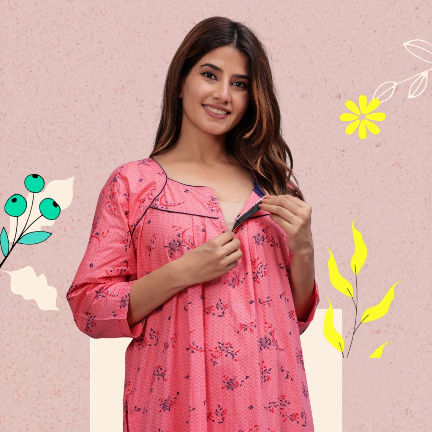 Cotton Full Sleeves Nightgown for Women(Baby Pink, XL)