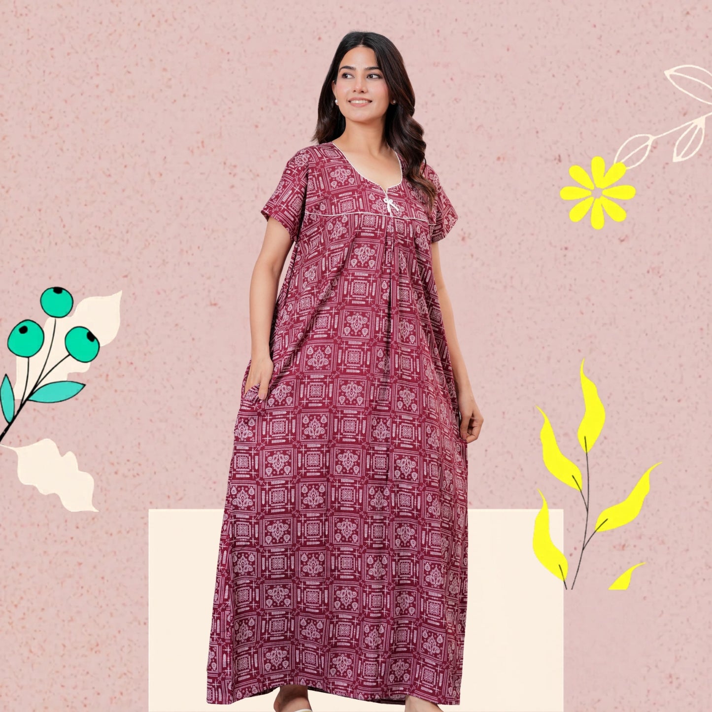 Women's Cotton Maxi Nighty, Geometric Print, Short Sleeve, Full Length Night Dress (MEGENTA, XL)