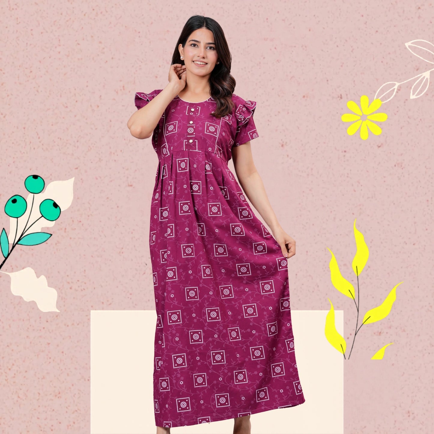 HARGUN NIGHT WEAR Women's Cotton Maxi Nighty, Printed, Ruffle Sleeves, Round Neck, All Day Comfort (MEGENTA, XL)