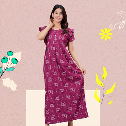 HARGUN NIGHT WEAR Women's Cotton Maxi Nighty, Printed, Ruffle Sleeves, Round Neck, All Day Comfort (MEGENTA, XL)