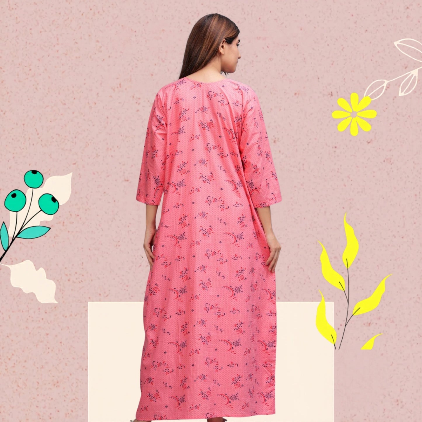 Cotton Full Sleeves Nightgown for Women(Baby Pink, XL)