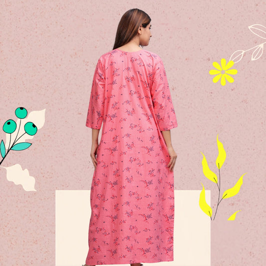 Cotton Full Sleeves Nightgown for Women(Baby Pink, XL)