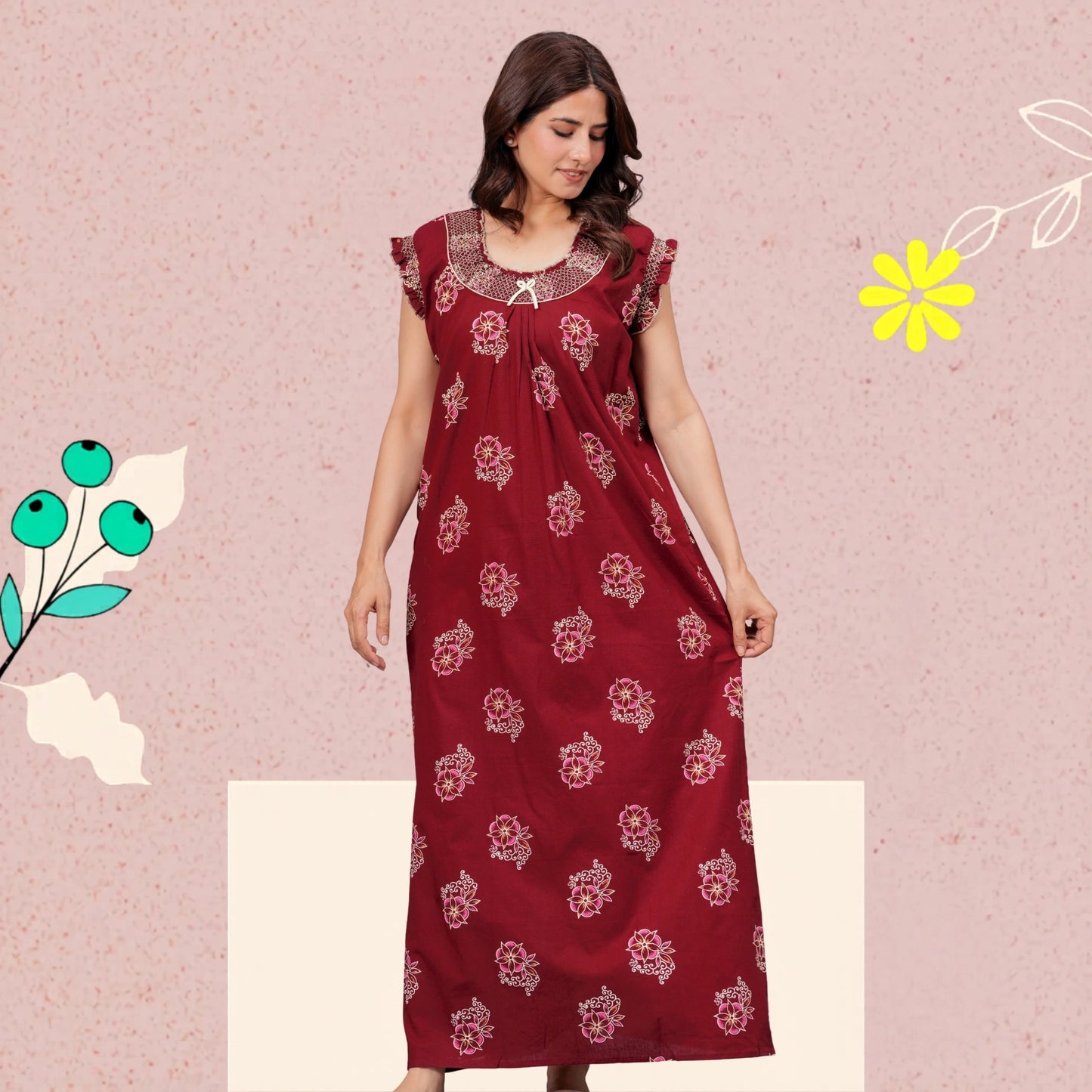 HARGUN NIGHT WEAR Cotton Nightgown for Women | Stylish Nighty Maxi Nightwear Floral Gown for Women Night Wear with Pocket (Maroon, XL)